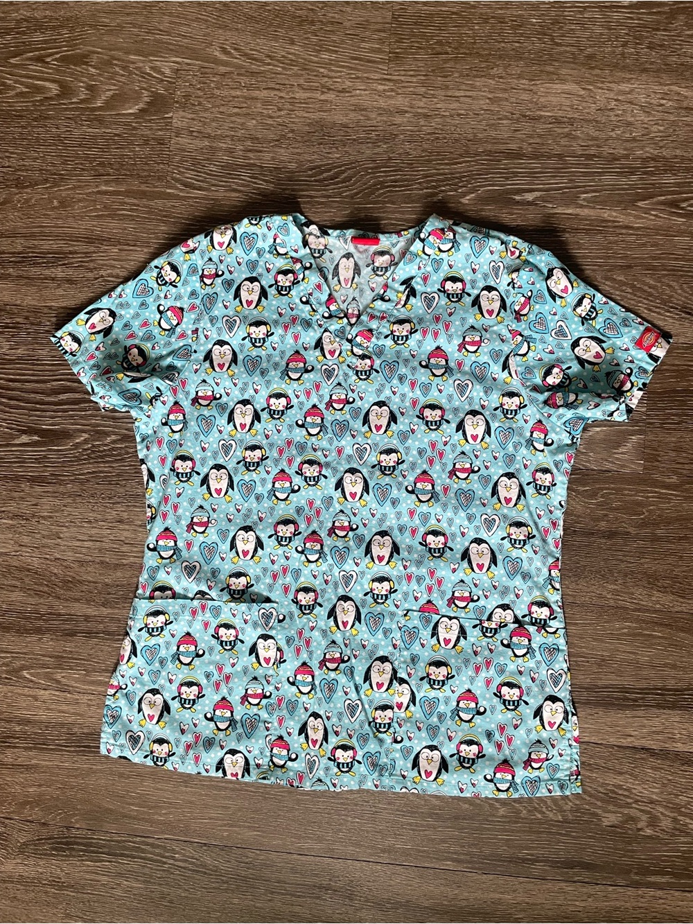 Cute Penguin Print Medical Scrub Top in Aqua